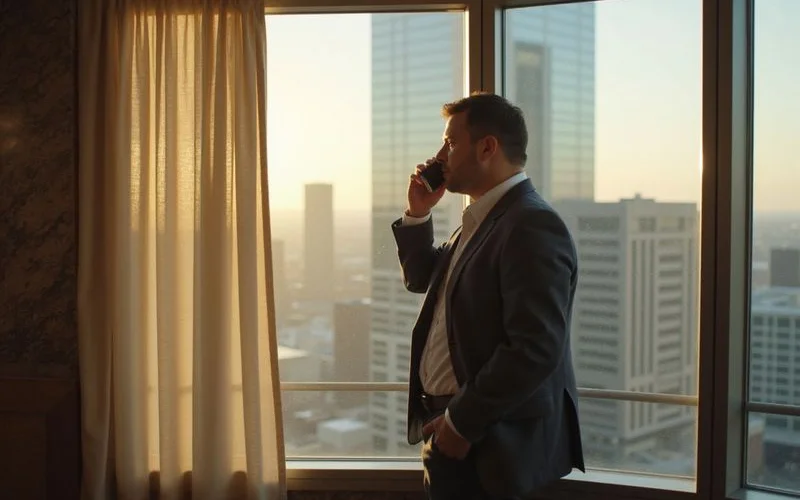 Renter on the phone by a high rise window