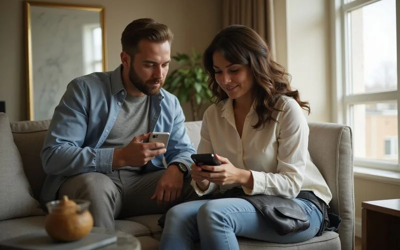 Renter texting a locator from a bright high rise living room
