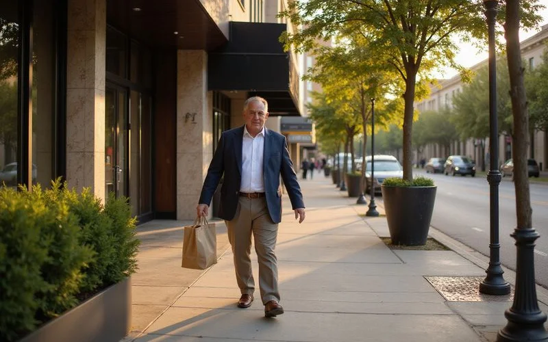 Resident with a grocery bag walking past Uptown towers