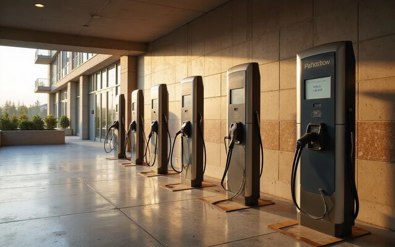 Row of shared EV charging stations in a tower garage