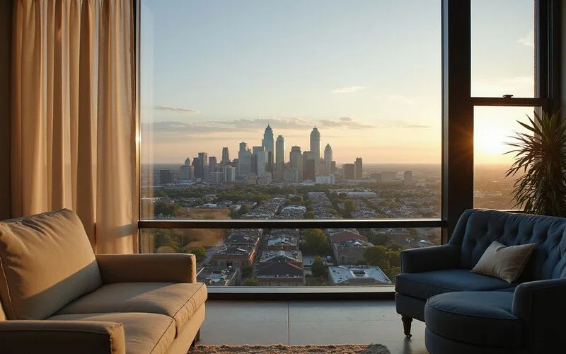 The same skyline view from two different floors, side by side