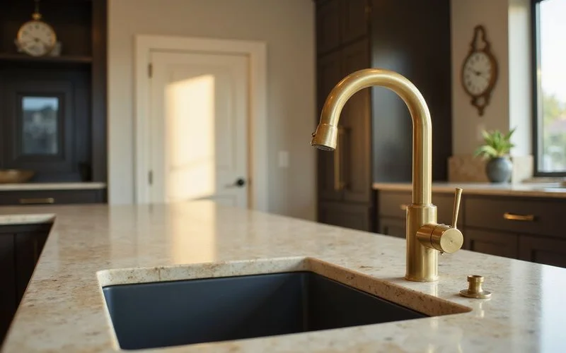 Brushed brass fixtures and stone counter in a luxury Dallas kitchen