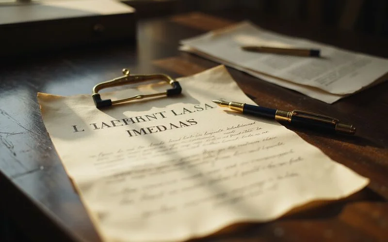 Signed lease and brass pen on a dark wood desk