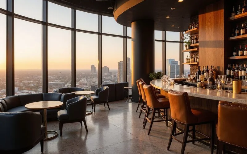Sky lounge with a dark wood bar in evening light