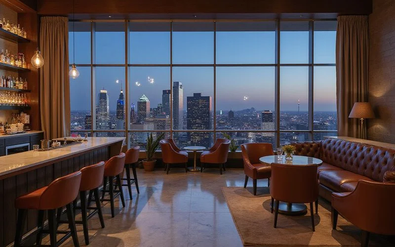 Sky lounge with a dark wood bar overlooking Dallas at dusk