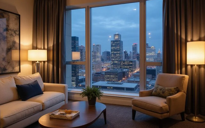 South-facing view of the Downtown skyline from Uptown at blue hour