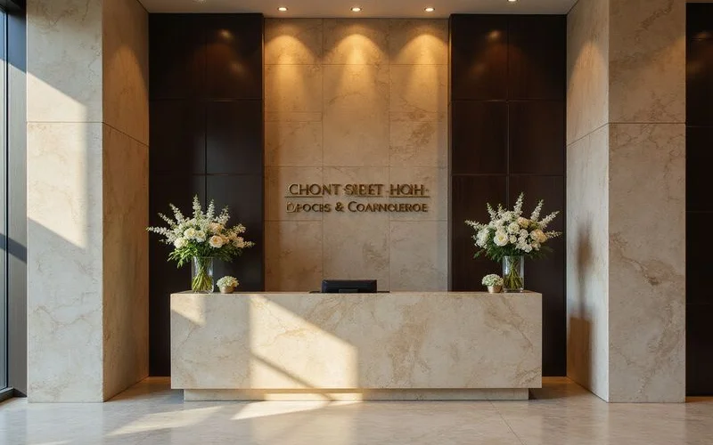 24-hour concierge desk in a Maple Avenue tower lobby