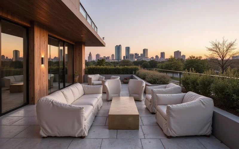 Unfinished amenity deck with the skyline behind