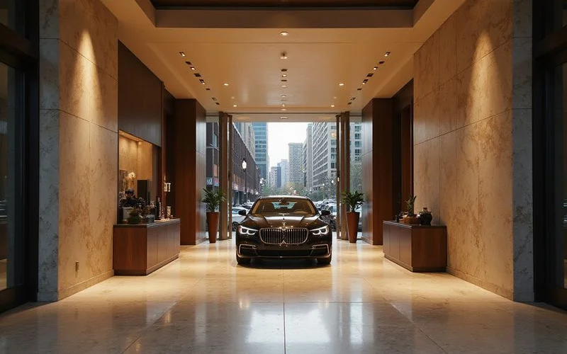 Valet stand at the entrance of a Dallas luxury tower in the evening
