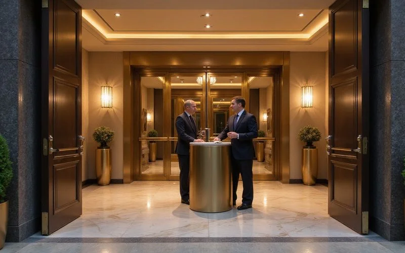 Valet stand at a tower entrance in the evening