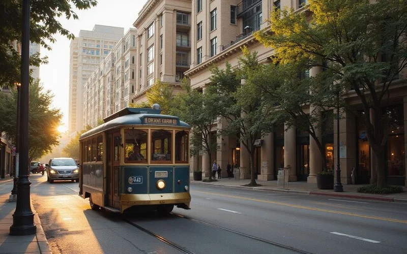 M-Line trolley on McKinney Avenue passing Uptown high rises