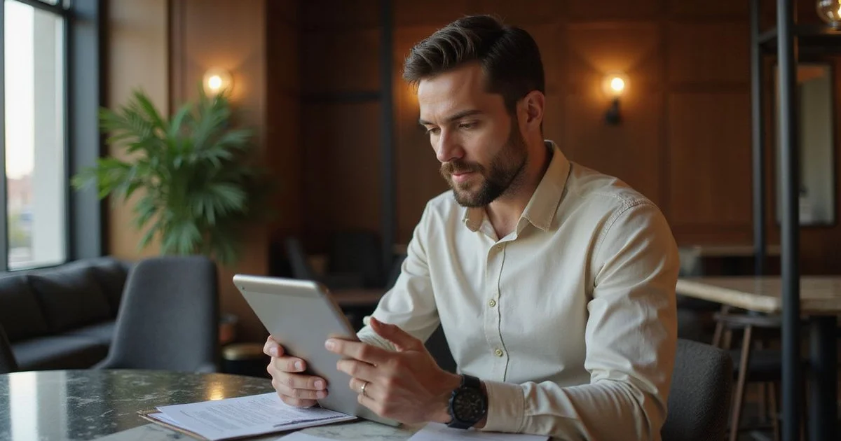 Locator reviewing a shortlist on a tablet in a warm Uptown lounge