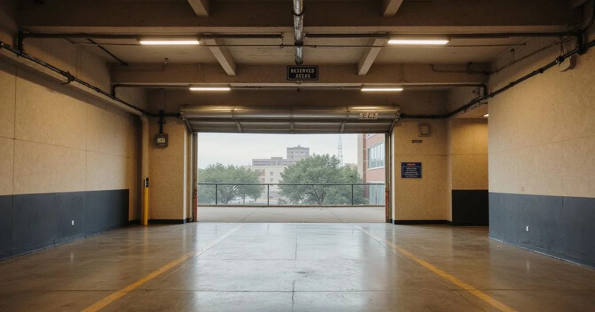 Controlled-access garage with reserved parking signs
