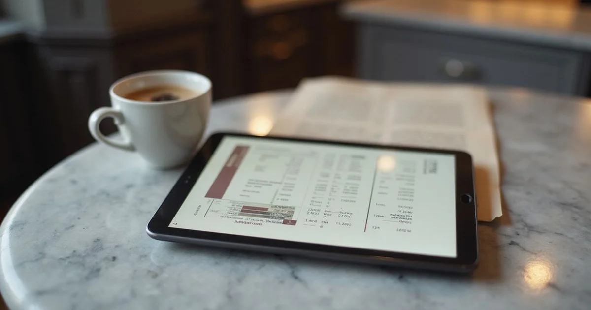 Credit report on a tablet beside coffee on marble