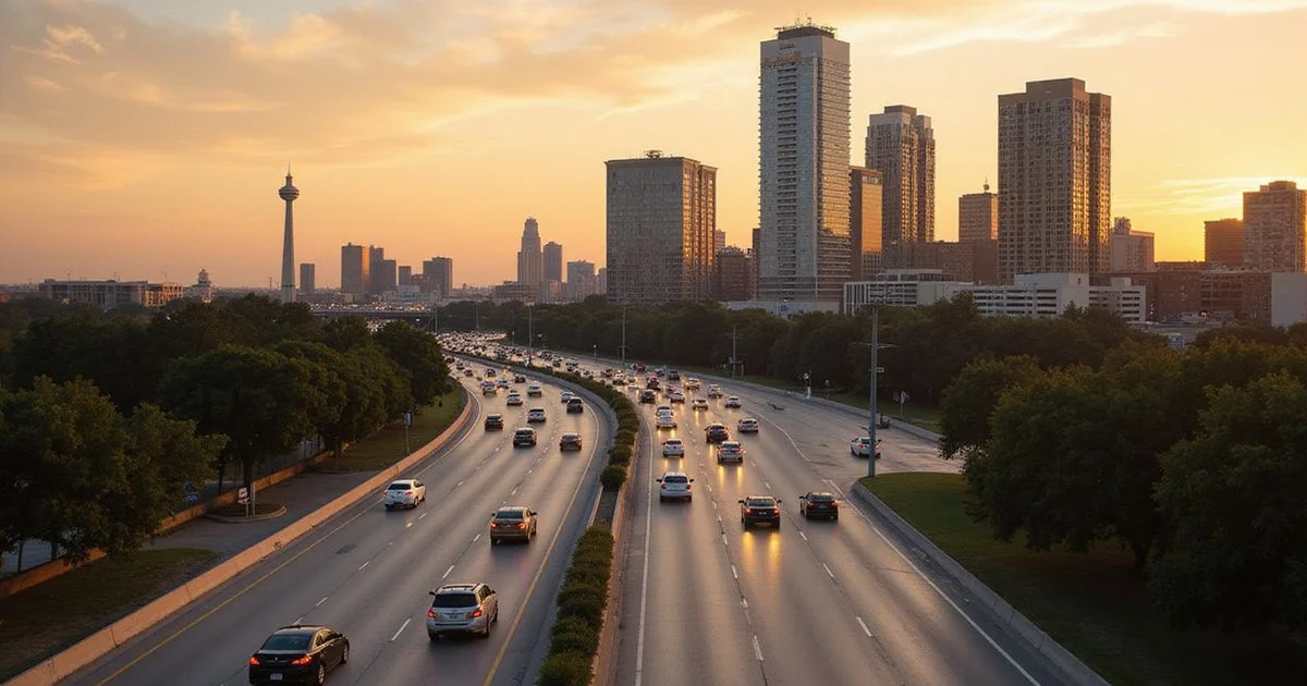 Dallas North Tollway at golden hour with Uptown towers