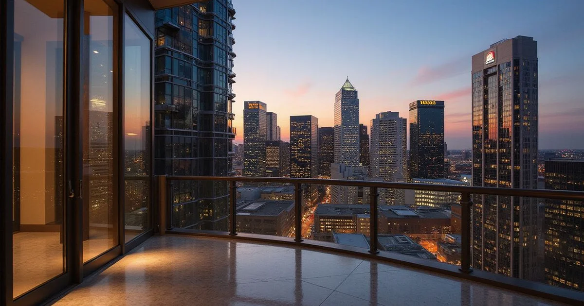 Dallas skyline at dusk over Uptown and Victory Park residential towers