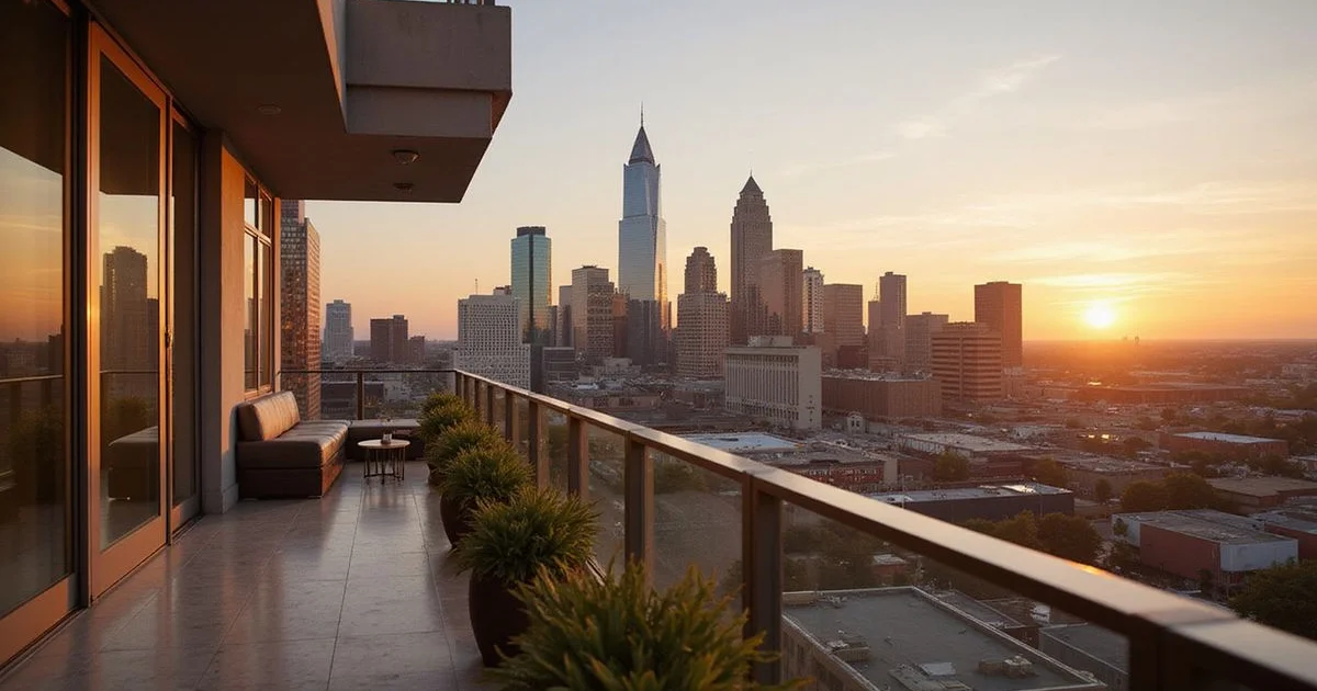 Dallas skyline at golden hour from an Uptown high rise balcony