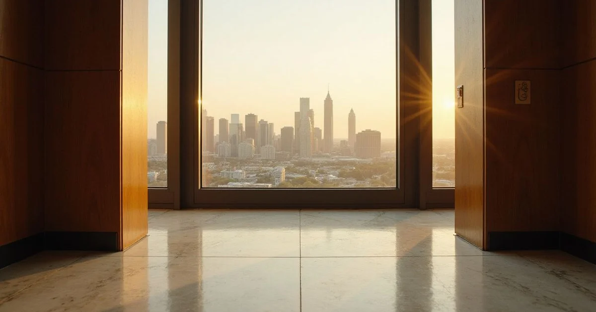 Elevator floor panel and skyline view at golden hour