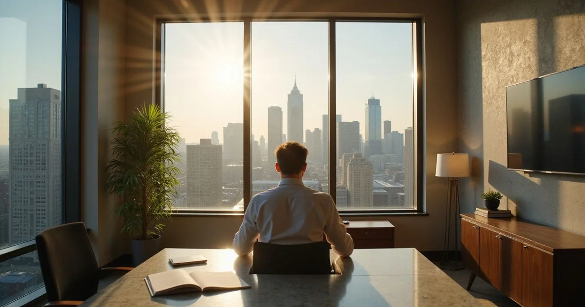 Executive reviewing statements in a high rise home office