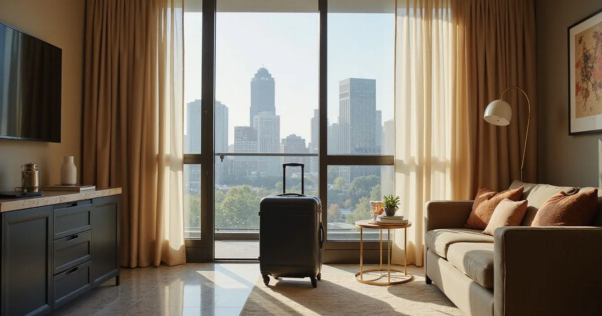 Furnished corporate apartment with a suitcase by the door and a skyline view