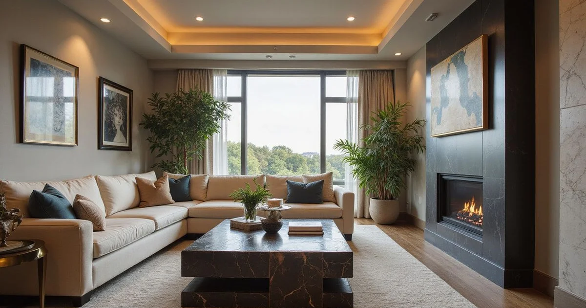 Furnished high rise living room with art and a Turtle Creek view