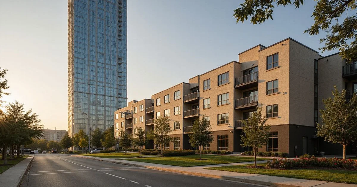 Glass Dallas high rise beside a low garden-style apartment complex in late-afternoon light