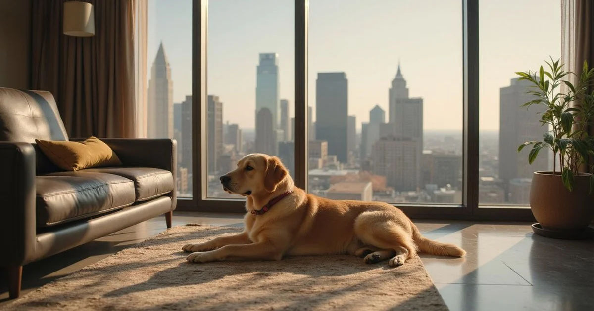 Golden retriever in a sunlit high rise living room