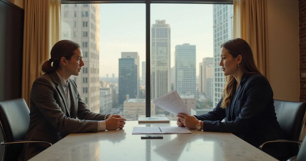 HR manager and transferee reviewing a lease in a Downtown Dallas office