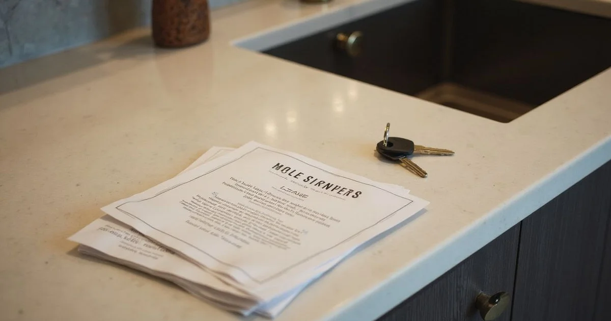 Lease papers and keys on a marble island in a Dallas high rise