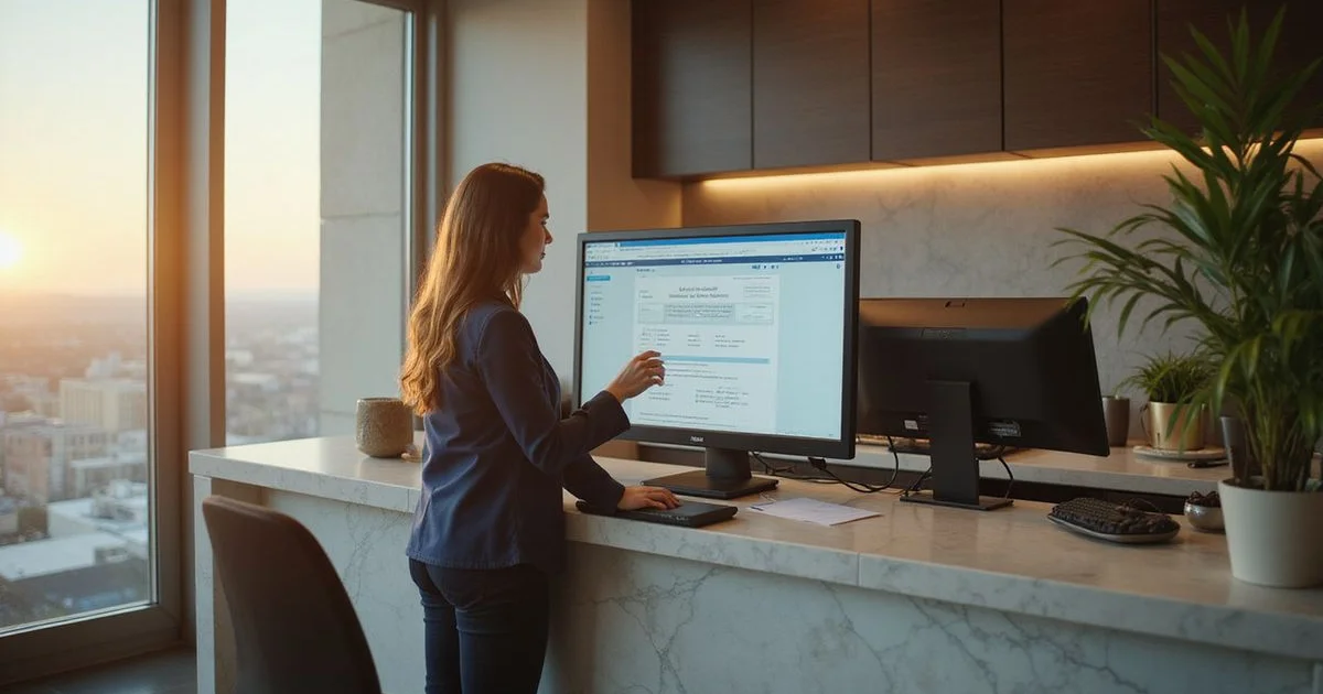 Leasing agent reviewing an application in a bright tower office