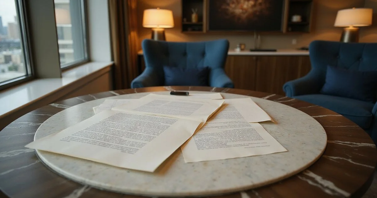 Leasing meeting in a luxury tower lounge at a marble table