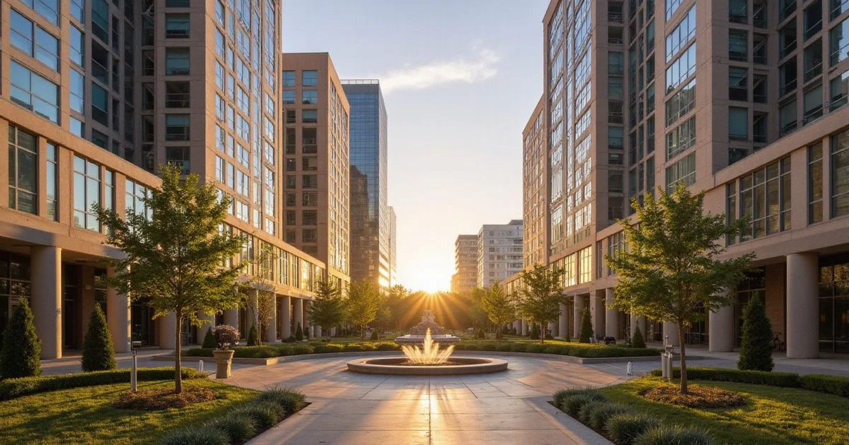 Legacy West corporate and residential towers at golden hour