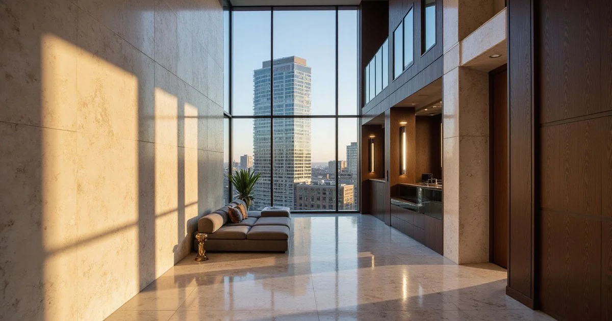 Looking up at a new Downtown Dallas residential tower with a glass curtain wall