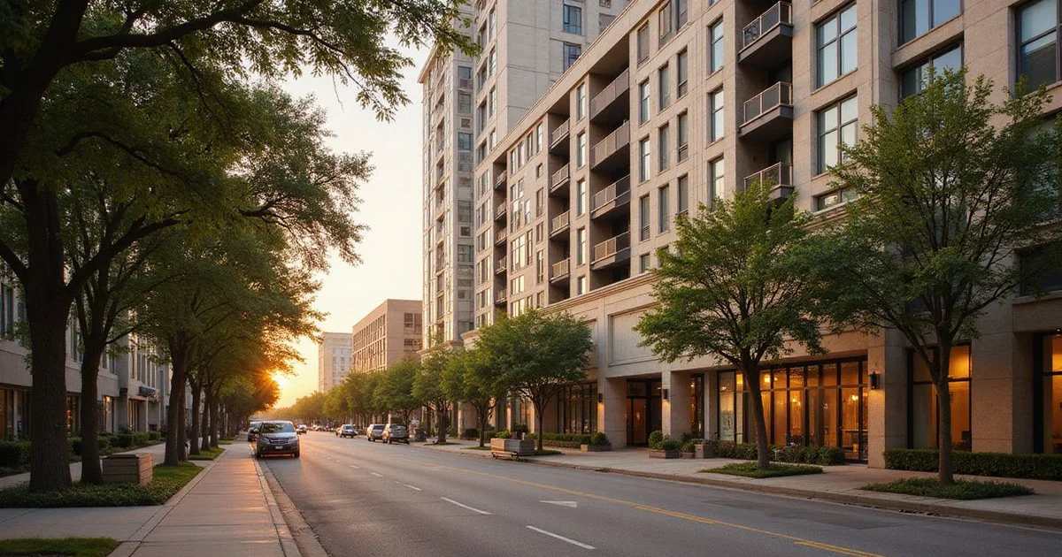 Luxury residential towers along Maple Avenue at golden hour