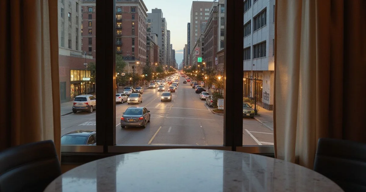 McKinney Avenue at dusk from a mid-floor window