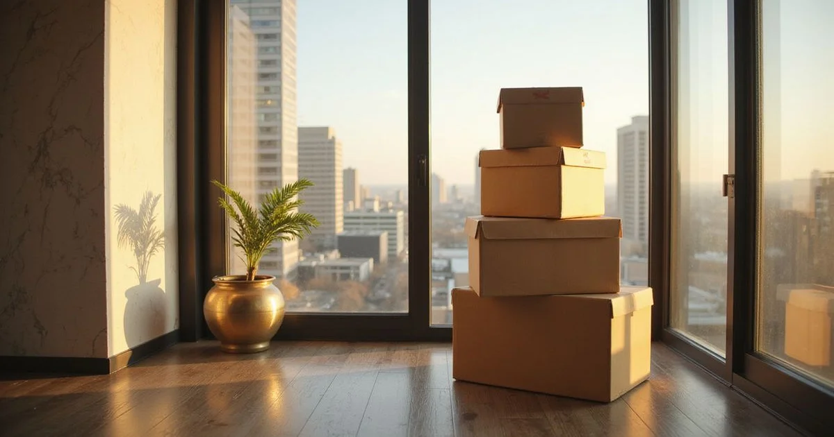 Moving boxes in a sunlit new Dallas high rise unit