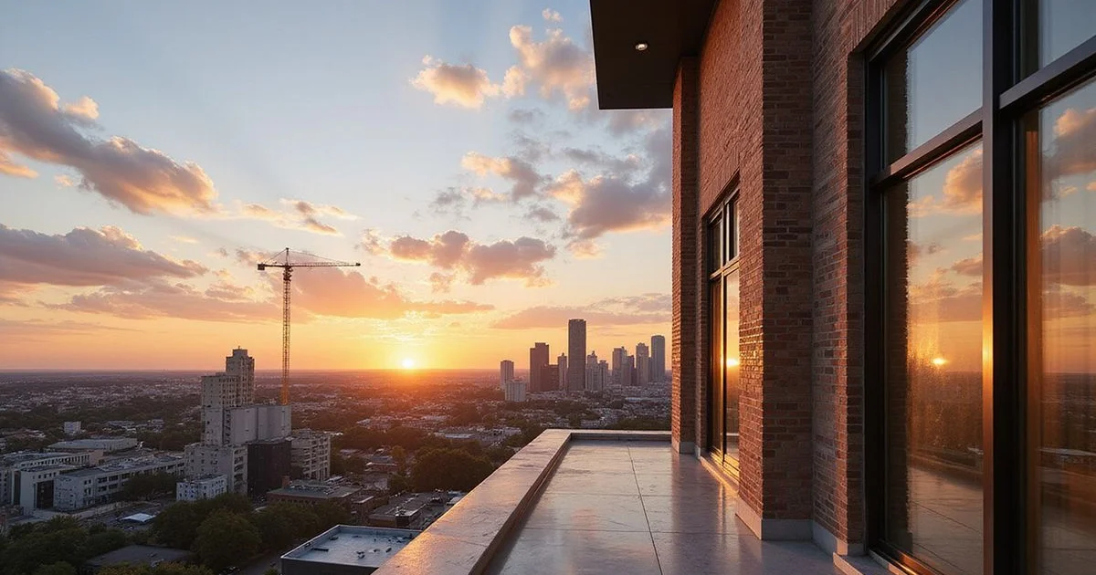 Newly completed residential tower on Maple Avenue with a crane in the distance
