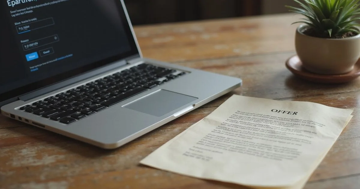 Offer letter beside a laptop with an apartment application
