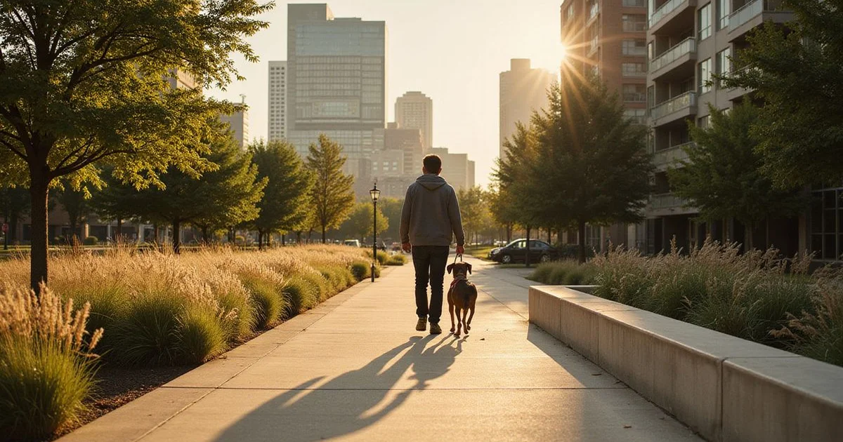 Owner walking a dog on the Katy Trail near Uptown towers