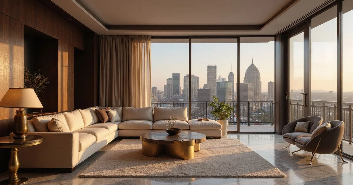 Penthouse living room with marble and dark wood, Dallas skyline at golden hour