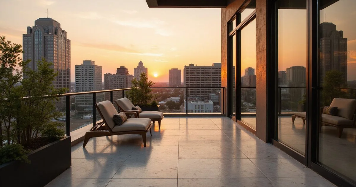 Private penthouse terrace over Uptown Dallas at sunset