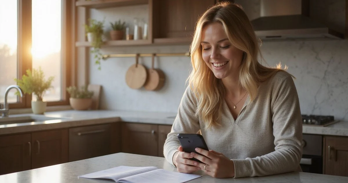 Renter reviewing an approval email at a sunny kitchen island