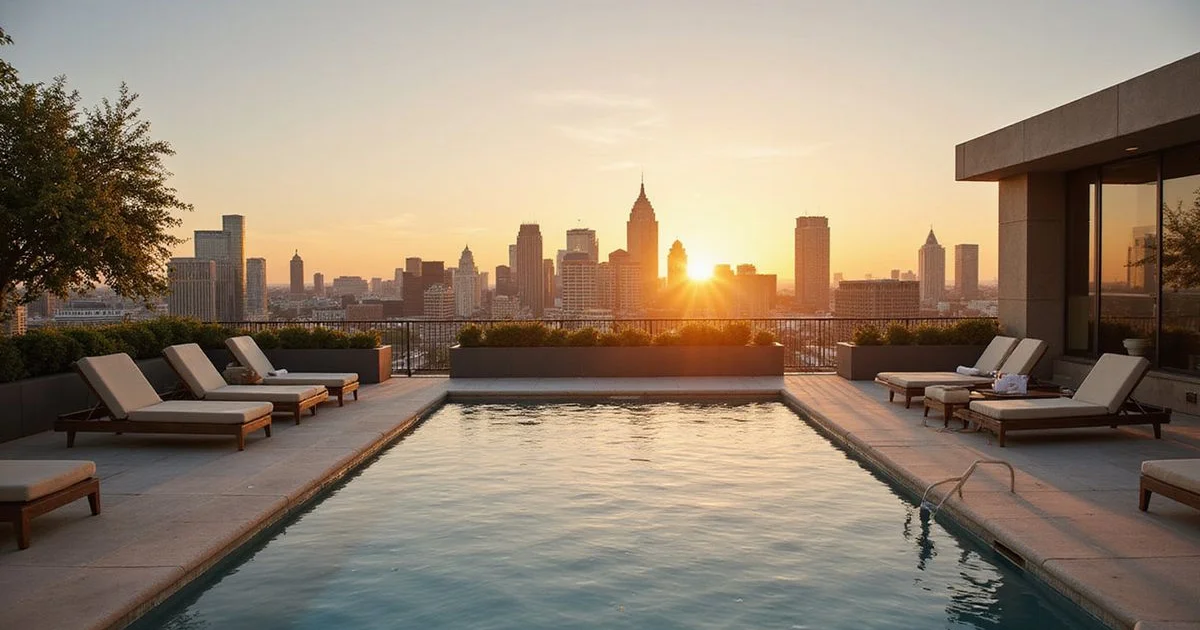 Rooftop pool at golden hour with the Dallas skyline