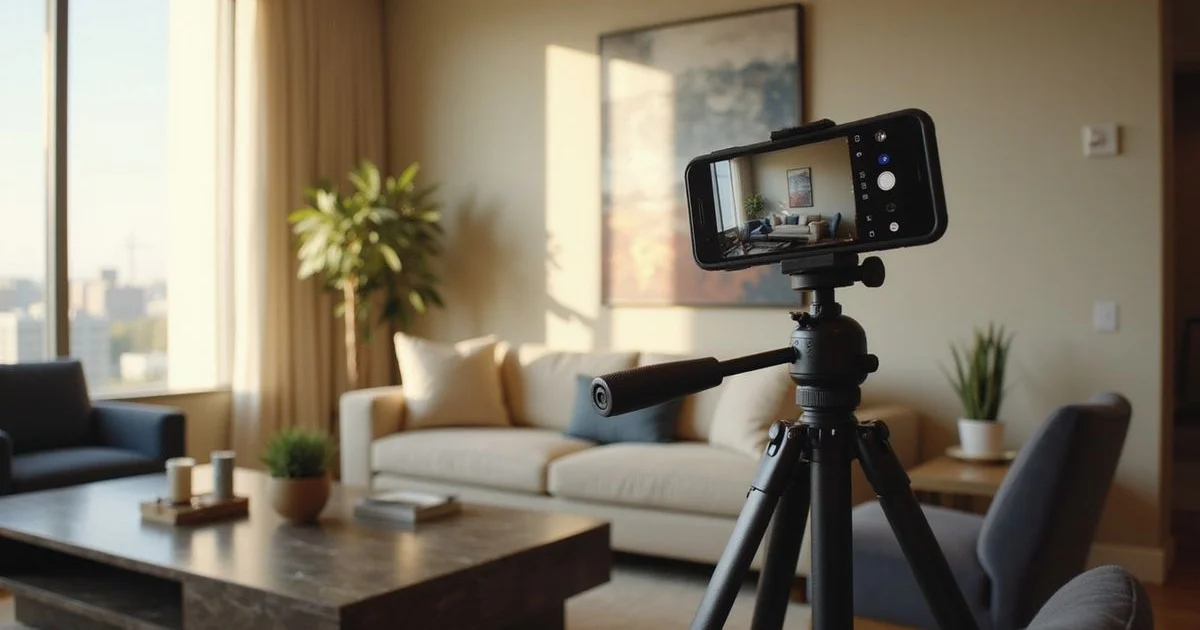 Phone on a tripod filming a sunlit high rise living room