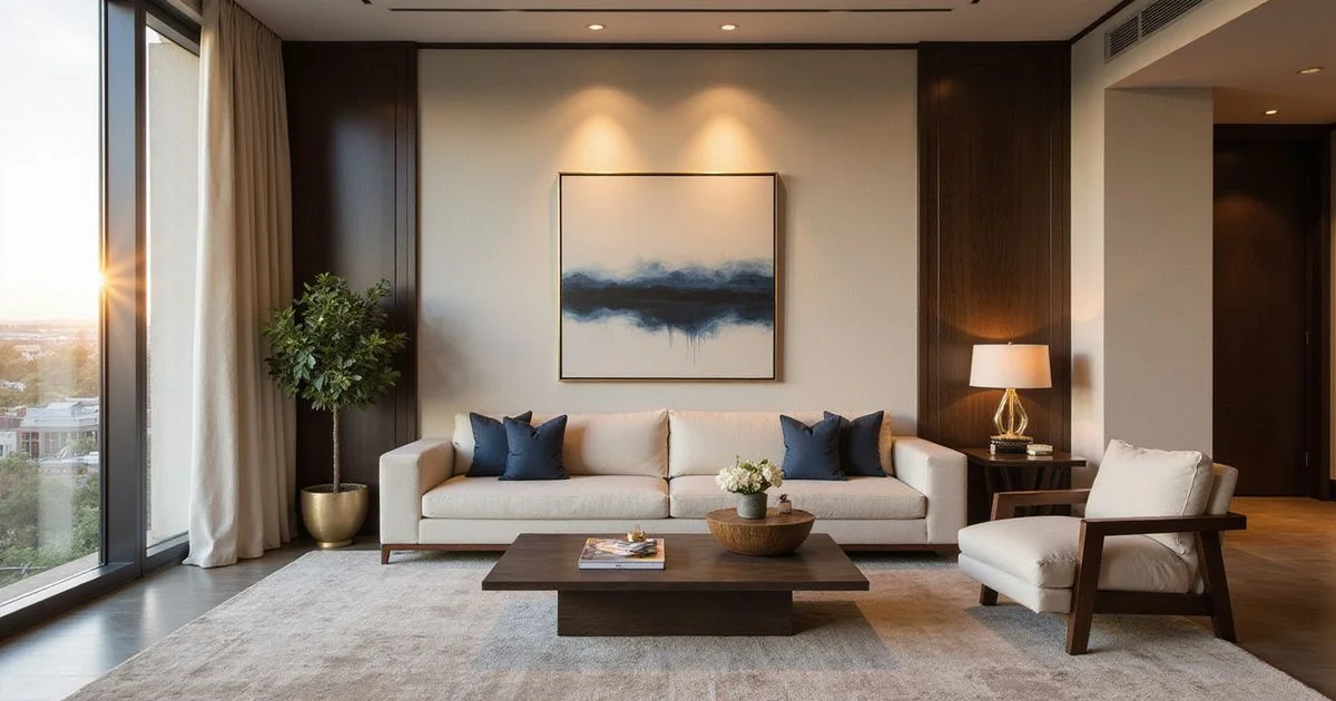 Styled furnished high rise living room at golden hour