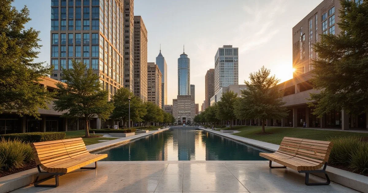 Uptown and Downtown Dallas skylines with Klyde Warren Park between them