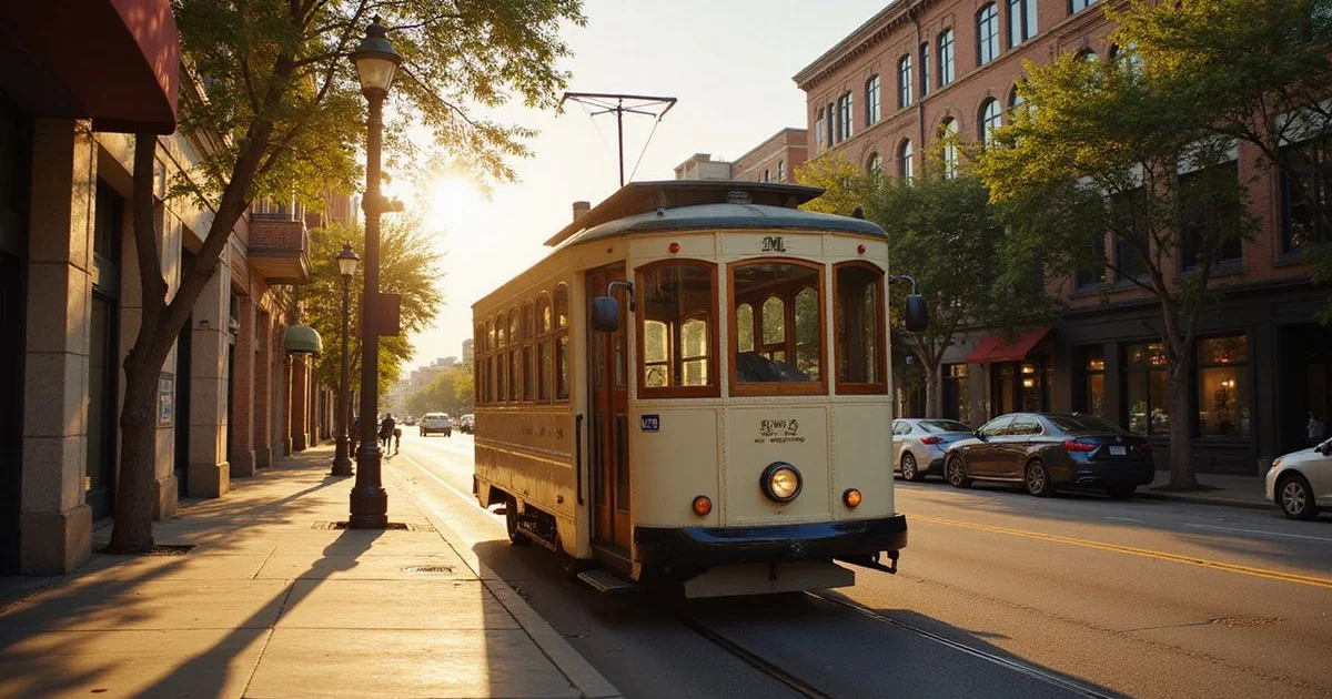 M-Line trolley on McKinney Avenue at golden hour