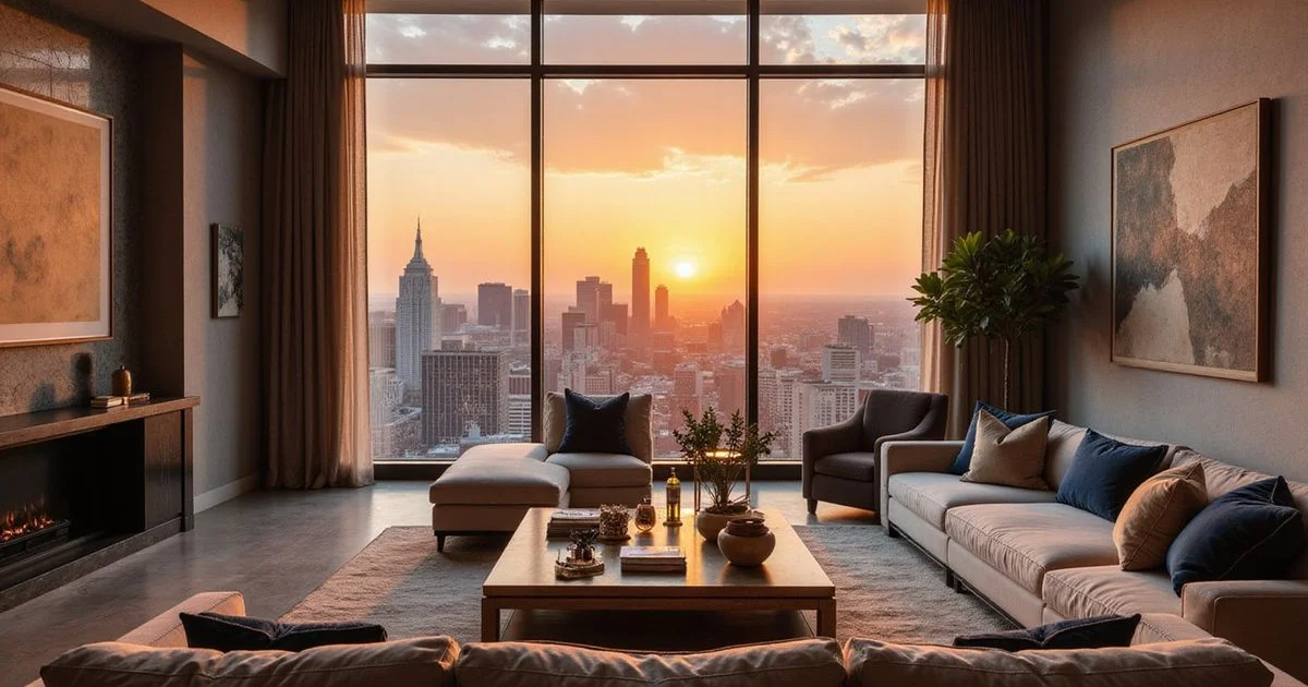West-facing living room at sunset with a warm glow