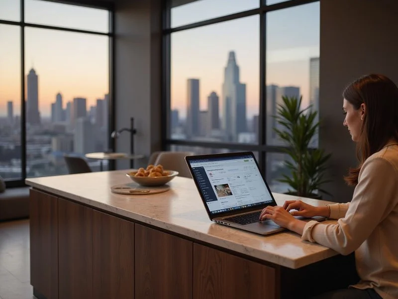 Renter comparing Dallas high rise listings on a laptop at a marble kitchen island