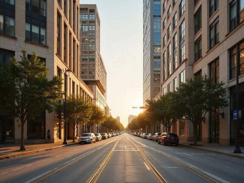 Uptown Dallas high rise towers along McKinney Avenue in warm evening light